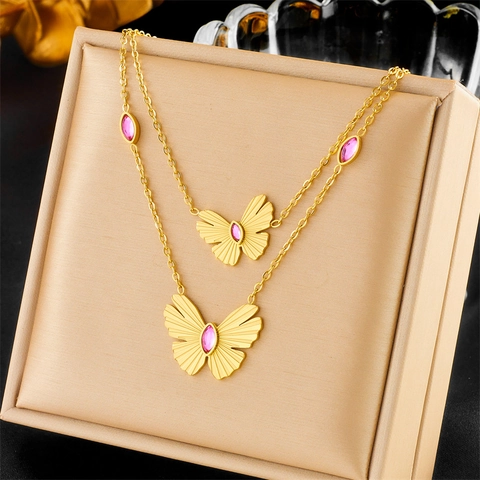 Double Layer Stainless Steel Necklace Women Gold Plated Star Moon Butterfly Turquoise Pendant Vintage Ethnic Boho Style Jewelry