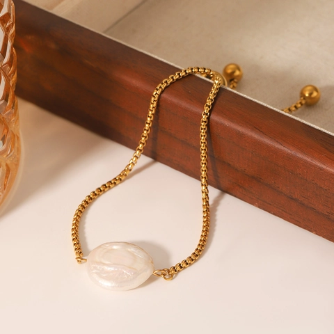 Bracciale Con Perle D Acqua Dolce Acciaio Inossidabile Placcato Oro Regolabile Catena A Scatola Gioielli Eleganti Da Donna