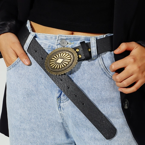 Vintage Dames Taille Riem PU Leer Met Antieke Legering Gesneden Bloemen Ovale Gesp Boho Western Stijl Accessoires Voor Jurken Jeans