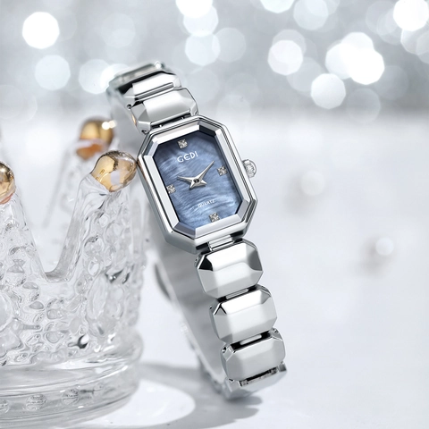 GEDI Women Luxury Square Quartz Watch Fashion Elegant Alloy Chain Watch Mother Of Pearl Dial Rhinestone Wristwatch For Ladies
