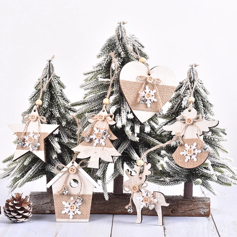 Christmas Hanging Ornaments Wooden Reindeer Star Angel Tree Snowflake Decor With Linen And Metal Bells Rustic Holiday