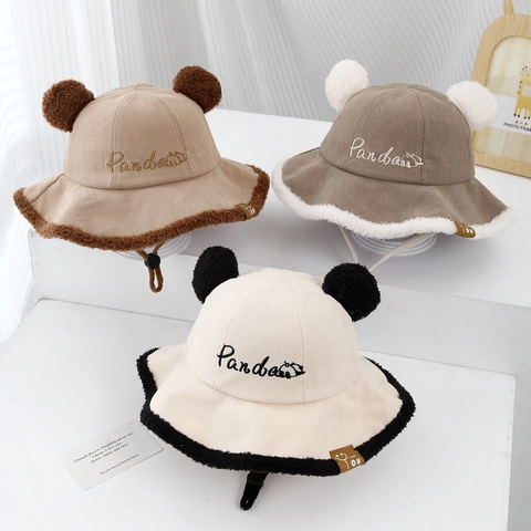 Toddler Baby Bucket Hat Corduroy Faux Fur Panda Ears Warm Winter Adjustable Windproof Cute Cartoon