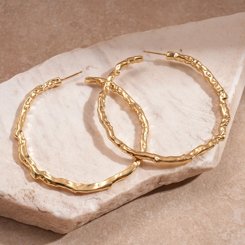 Hammered Lava Texture Geometric Round Hoop Earrings With 925 Sterling Silver Earring Post Alloy Gold Tone Women Fashion