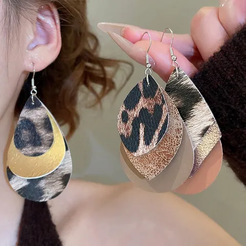 Leopard Print Faux Leather Layered Teardrop Earrings Bohemian Vintage Leaf Rhombus Dangle Ear Hooks For Women