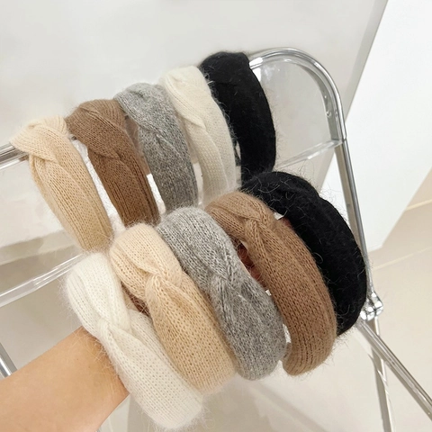 Women Knitted Plush Headband Winter Autumn Warm Mohair Like Wide Knot Hairband Solid Color Elegant Hair Accessories