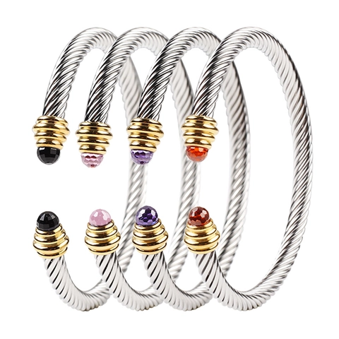 Gedrehtes Kabel Armreif Edelstahl Zweifarbig Facettierter Kristall Offen Verstellbar Modeschmuck Damen