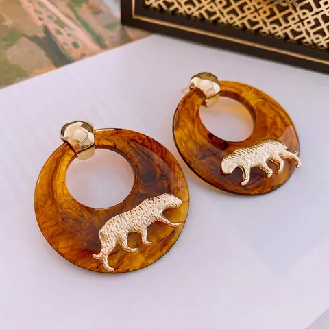 Leopard Panther Resin Hoop Earrings With 925 Sterling Silver Earring Post Vintage French Elegant Women Jewelry