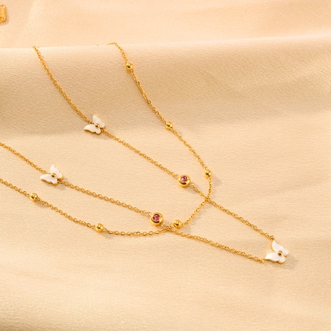 Double Layer Butterfly Pendant Necklace Stainless Steel 18K Gold Plated Shell Rhinestone Elegant Jewelry For Women