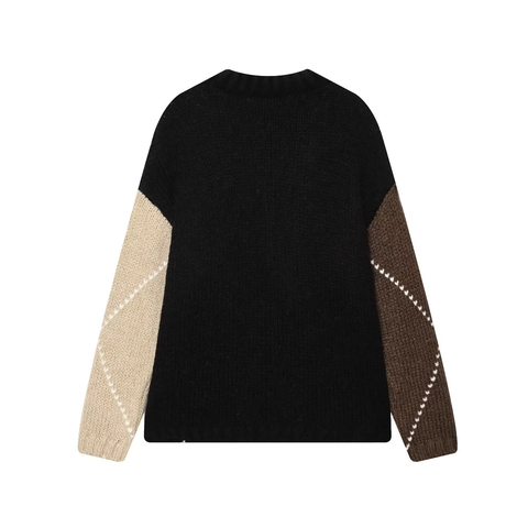 Suéter Argyle Para Mujer Bloque De Color Cuello Redondo Manga Larga Punto Retro