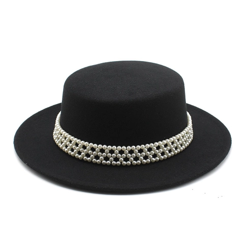 Sombrero Canotier Vintage Francés Fieltro De Lana Banda De Perlas Artificiales Ala Ancha Parte Superior Plana Elegante Retro Para Mujeres