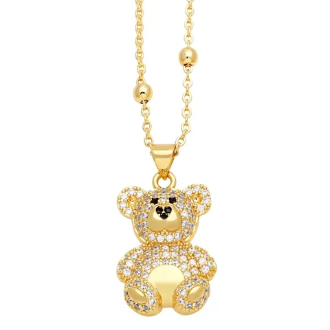 Bear Pendant Necklace Copper Gold Plated Full Cubic Zirconia Inlaid Heart Stone Jewelry For Women