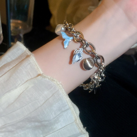 Oceaan Thema Charm Armband Legering Imitatie Kunstparel Emaille Strass Zeester Schelp Vissenstaart Verstelbare Dames Sieraden