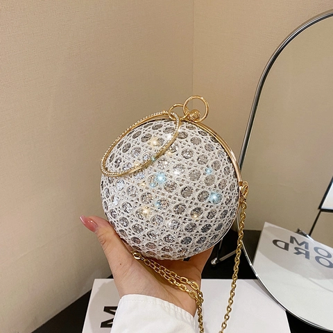 Spherical Evening Bag Sequin Rhinestone Ball Clutch For Party Dinner Wedding With Ring Handle And Chain Strap Fashionable