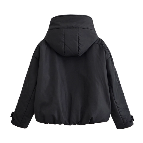Women Casual Black Hooded Puffer Jacket Drawstring Hem Long Sleeve Zip Up Padded Winter Cotton Coat Streetwear Outerwear