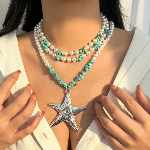 Layered Necklace With Large Starfish Pendant Faux Artificial Pearl And Synthetic Turquoise Ocean Style Summer Beach Jewelry For Women