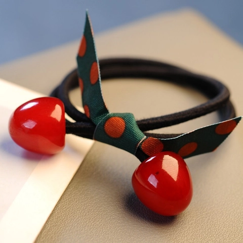 Sweet Cherry Resin Bead Dotted Ribbon Bow Elastic Hair Bands Fashion Hair Ties For Women Girls Ponytail Holders