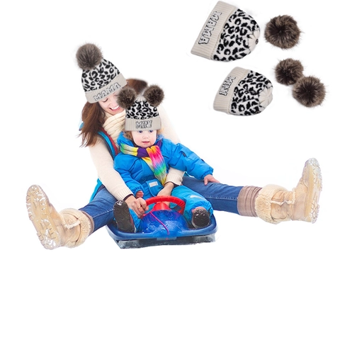 Leopard Print Knitted Beanie Hat With Faux Fur Pompom Letter Embroidery Soft Warm Winter Headwear For Family Matching