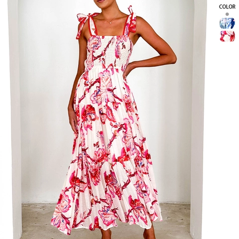 Vestito Maxi Floreale Da Donna Poliestere Bustino Arricciato Spalline Con Fiocco Gonna A Balze Boho Estate