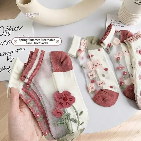 Calcetines de Malla Dulces Japoneses para Mujer Bordado Floral Transparente Encaje Invisibles Transpirables Verano