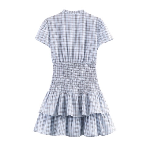 Kariertes Mini-Kleid Mit Gesmokter Taille Und Rüschenbesatz Kurzarm Süßer Lolita-Stil