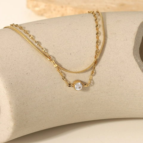 Double Layer Bracelet Stainless Steel With Round Zircon Pendant Snake Chain Minimalist INS Style Hand Jewelry For Women