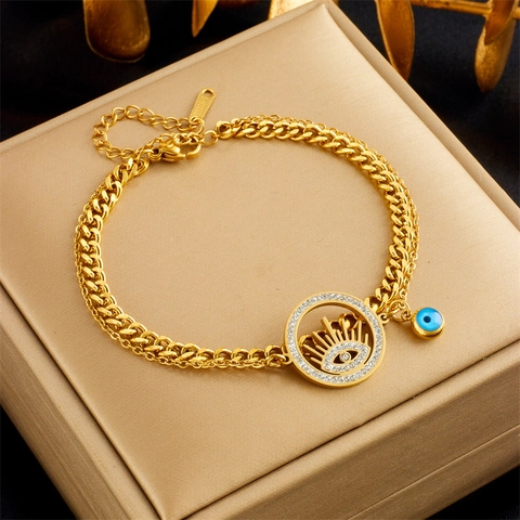 Dames Roestvrij Staal Goud Armband Met Boze Oog Vlinder Hart Strass Mode Sieraden