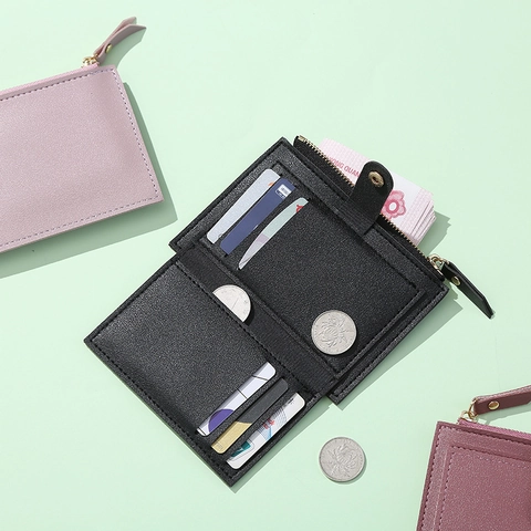 Women Short Wallet PU Leather Minimalist Zipper Coin Purse Snap Button Slim Card Holder For Daily Use