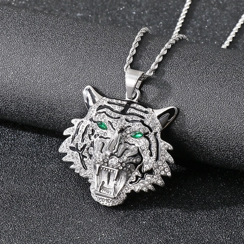 Tiger Head Pendant Necklace Stainless Steel Green Eyes Rhinestone Hip Hop Punk Rock Personalized Jewelry For Men