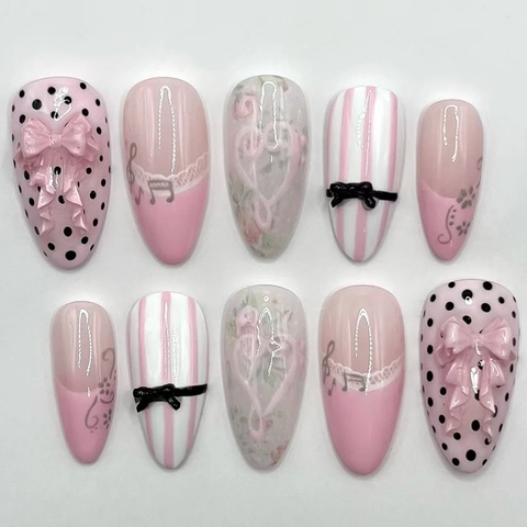 Faux Ongles Amande Rose Blanc Noir Avec Nœuds 3D Pois Notes De Musique Style Français Ongles Doux Pour Femmes