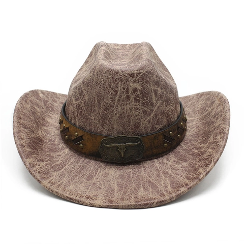 Retro Western Cowboy Hat Suede Texture Bull Head Metal Buckle Rivets Wide Brim Sun Protection Jazz Cap Men Women