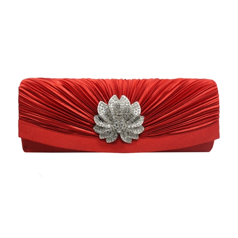 Pleated Satin Evening Clutch Bag Rhinestone Flower Wedding Banquet Party Handbag For Women With Metal Chain