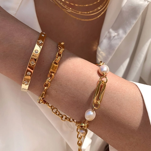 Elegante Bracciale A Catena Con Perle D'acqua Dolce Lega Placcata Oro 18K Gioielli Stile Retrò Francese Per Donne
