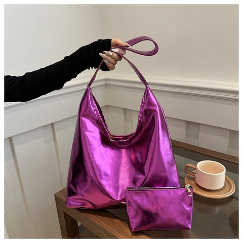 Borsa Tote in Pelle PU Metallizzata Grande Capacità Donna Borsa a Tracolla Alta Brillantezza Minimalista Hobo Con Piccola Tasca