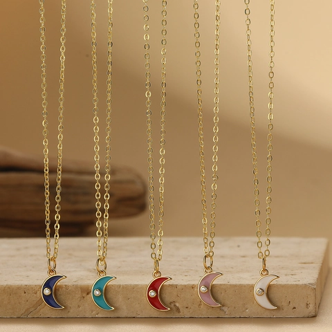 Collar Con Colgante De Media Luna Vintage Cobre Color Oro Esmalte Circonita Joyería Para Mujer