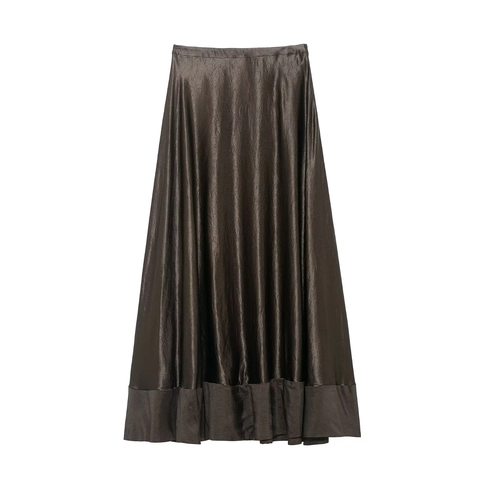 Satin Midi Skirt Metallic Texture High Waist Elegant A-Line Straight Bronze Coffee Brown Solid Color Polyester For Women