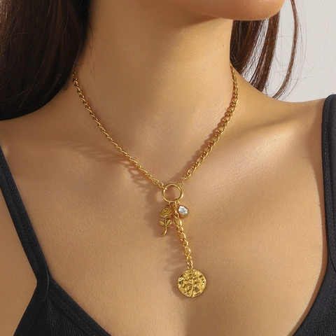 Vintage Stainless Steel Gold Plated Rose Heart Sun Pendant Necklace Rhinestone Y-Shaped Tassel Clavicle Chain For Women