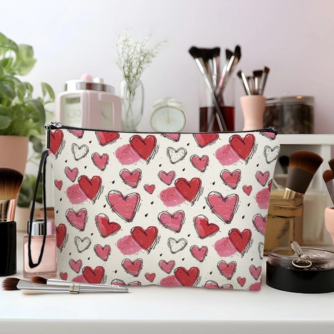 Borsa Trucco Con Stampa Cuore Lino Fine Pochette Cosmetici Con Cerniera E Cinturino Da Polso Tema San Valentino Viaggio