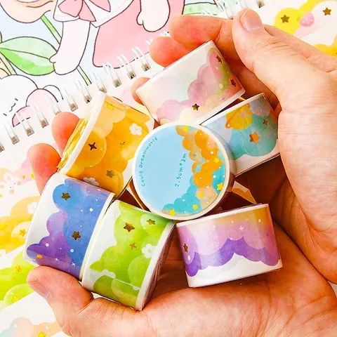 Cloudy Dreamland Washi Tape Gold Foil Scalloped Edge Decorative For DIY Scrapbooking Journaling Kawaii Pattern