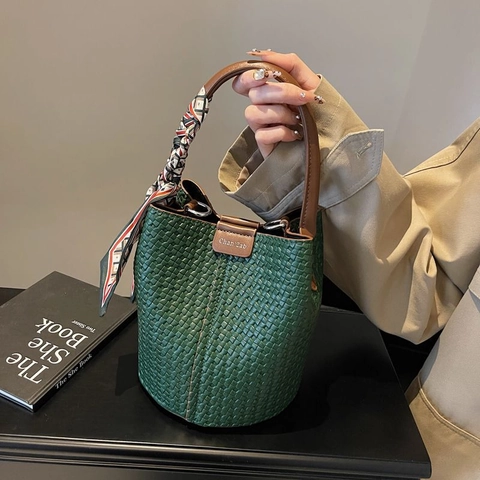 Woven PU Leather Bucket Bag Satin Scarf Handle Handbag Adjustable Strap Vintage Fashion Women
