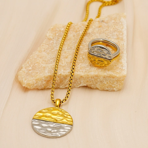 Necklace And Ring Hammered Texture 304 Stainless Steel 18K Gold Plated Two Tone Minimalist Geometric Fashion For Women