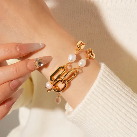 Gold Plated Iron Link Chain Bracelet With Freshwater Pearls Baroque Style Retro Minimalist Fashion Jewelry Women