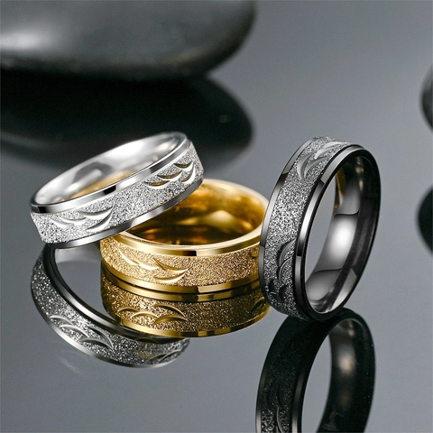 Fashion Titanium Steel Ring Frosted Matte Finish Etched Leaf Pattern Simple Commute Jewelry For Men And Women