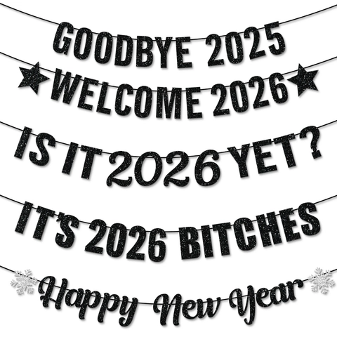 Frohes Neues Jahr Banner Glitzer Papier Hängende Girlande Für 2026 Silvester Party Dekorationen Gold Rose Schwarz