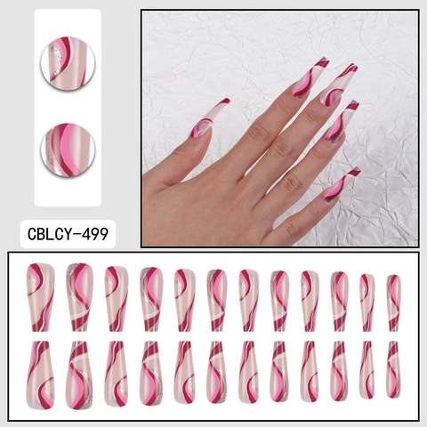 Lange Sarg ABS Press On Nägel Ballerina Künstliche Nägel Wellenwirbelmuster Silberglitzer Rosa Rot Nude Fingernägel