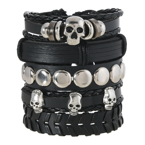 Vintage Skull Artificial Leather Bracelet For Men Punk Hip Hop Multi-layer Braided Wristband Adjustable Drip Oil Hand Jewelry Accessory