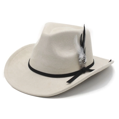 Western Cowboy Hat Suede Retro Ethnic Wide Brim With Feather And Lace Band For Men Women