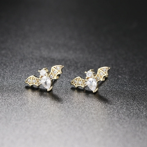 Bat Stud Earrings Gold Plated Copper With Pear Shaped Cubic Zirconia Gothic Halloween Jewelry Animal Style Women