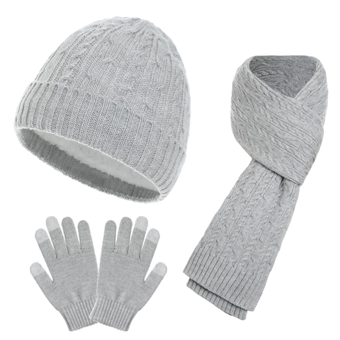Winter Warm Gestrickte Mütze Schal Handschuhe Für Herren Damen Wollmischung Fleece Gefüttert Touchscreen Zopfmuster Accessoires