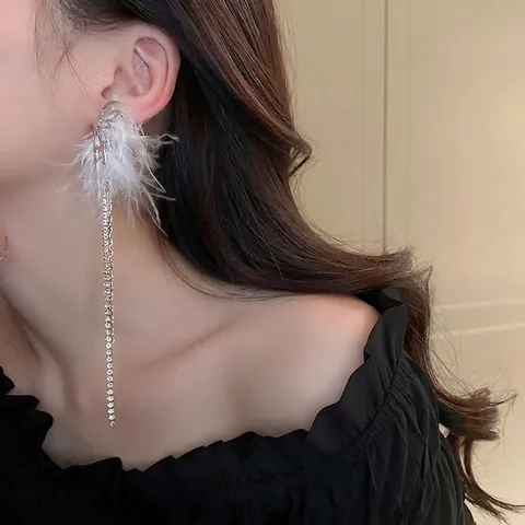 Orecchini Asimmetrici Con Piume Farfalla Strass E Nappine Con Perno In Argento Sterling 925 Gioielli Lunghi Da Donna