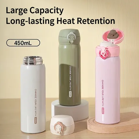 Insulated Water Bottle 304 Stainless Steel Vacuum Flask Leakproof Single Hand Open Lid Portable Minimalist Drinkware